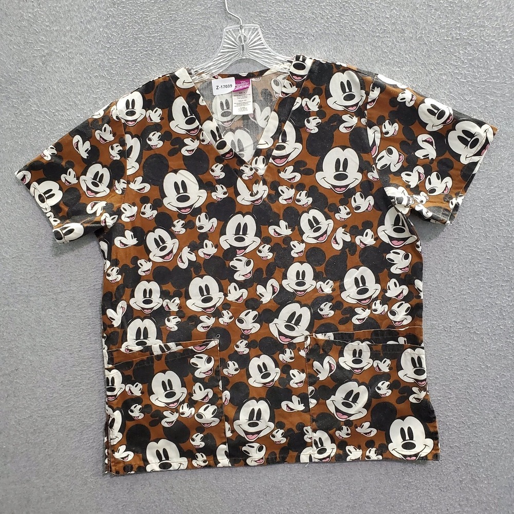 The Wonderful World of Disney Women Scrub Top Small Brown Mickey Mouse Pockets
